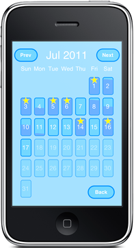 A screen shot showing the calendar screen of Hydr8
